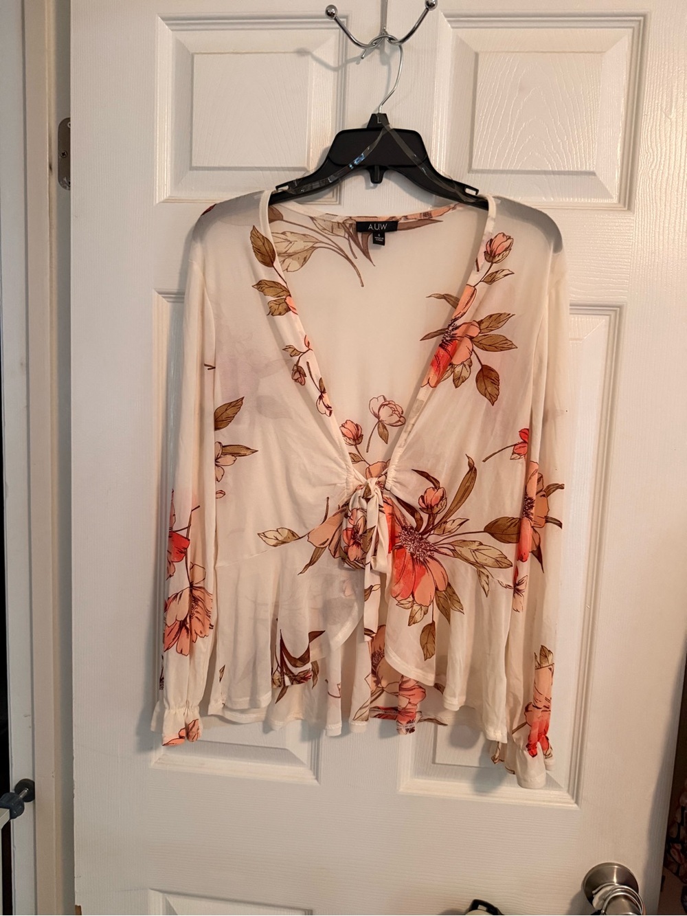 AUW Cream Floral Tie-Front Blouse with Pink and Brown Blooms